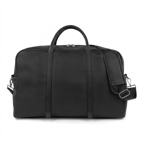 Bugatti Opera duffle bag in black textured vegan leather with top handles and shoulder strap.