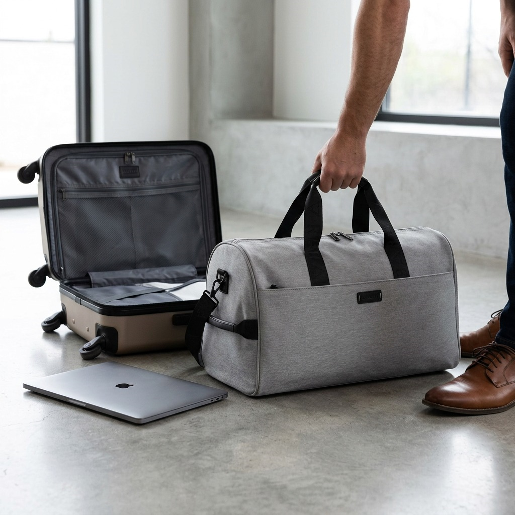 Person holding a grey Bugatti Reborn duffle bag beside a carry-on suitcase and laptop for scale.