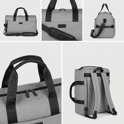 Bugatti Reborn grey 2-in-1 convertible duffle bag shown from multiple angles as a duffle and backpack.