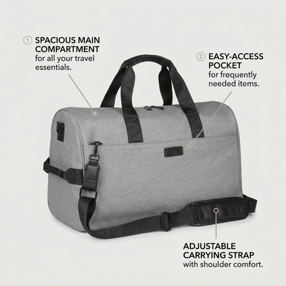 Features of the Bugatti Reborn grey convertible duffle, highlighting the main compartment and strap.