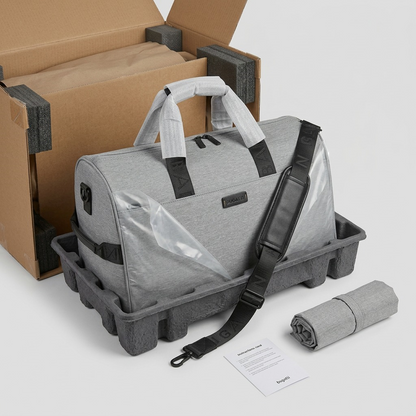 Grey Bugatti Reborn Convertible Duffle bag inside secure shipping box with protective padding.