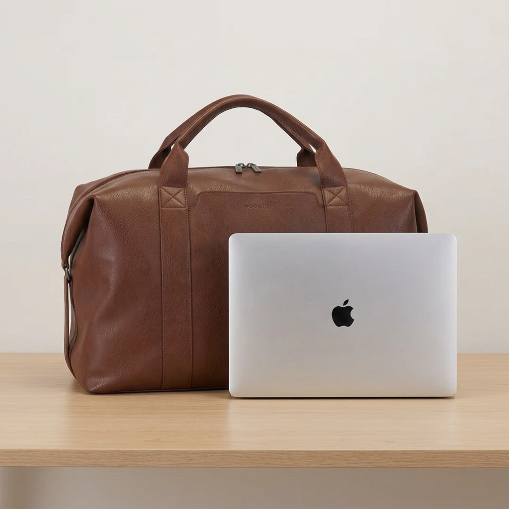 Bugatti Palermo duffle bag in cognac vegan leather, shown beside a laptop for size reference.