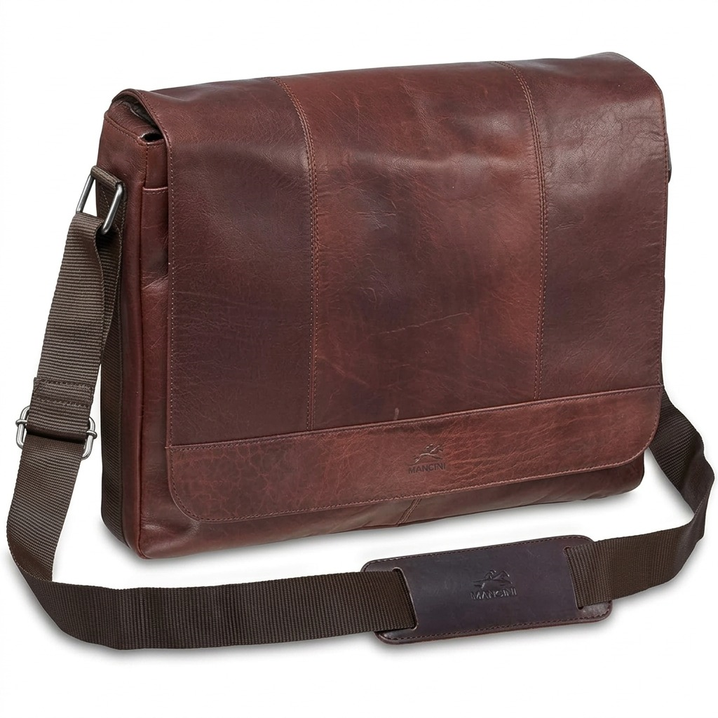 Brown Mancini Buffalo Collection leather messenger bag with adjustable shoulder strap and logo.