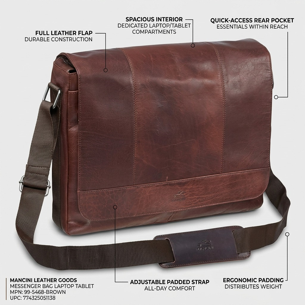 Mancini brown leather messenger bag featuring laptop compartments, padded strap, and rear pocket.