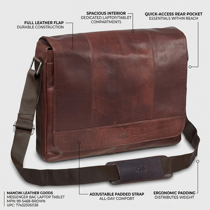 Mancini brown leather messenger bag featuring laptop compartments, padded strap, and rear pocket.