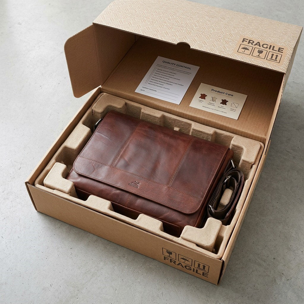 Mancini brown leather messenger bag securely packed in a fragile-marked shipping box with protective inserts.