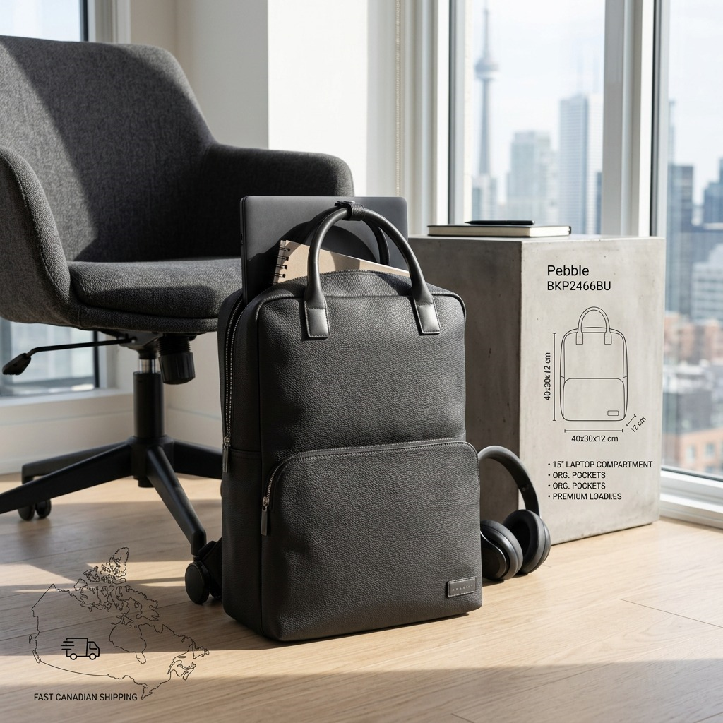 Black Bugatti Contrast Pebble grain vegan leather backpack in a modern office with city views of Toronto.