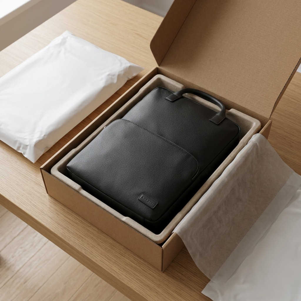Black Bugatti Contrast Backpack securely packaged in a cardboard shipping box with protective padding.