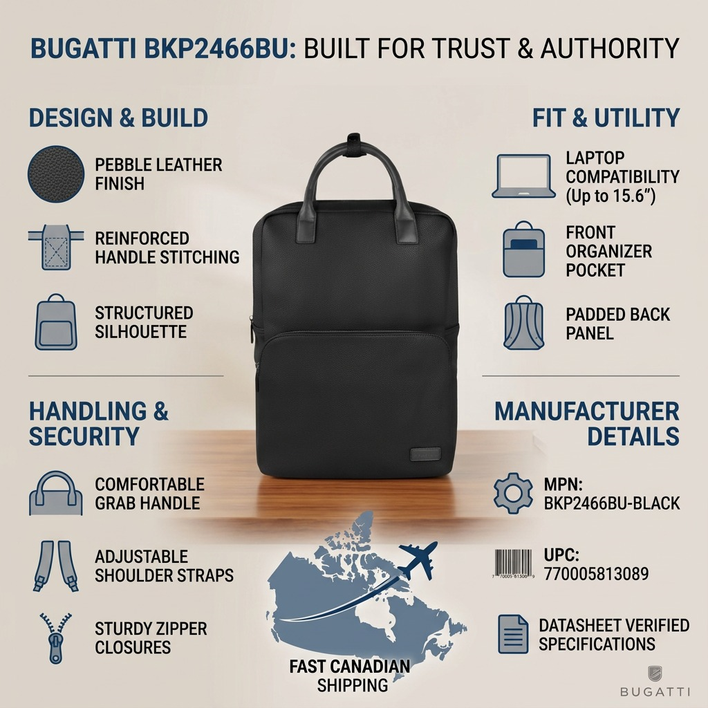 Infographic for Bugatti BKP2466BU black pebble leather backpack highlighting laptop fit and shipping.