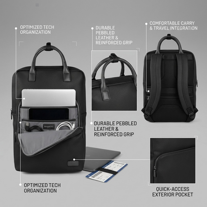 Bugatti Contrast Backpack feature diagram showing tech organization, pebbled leather, and travel trolley strap.